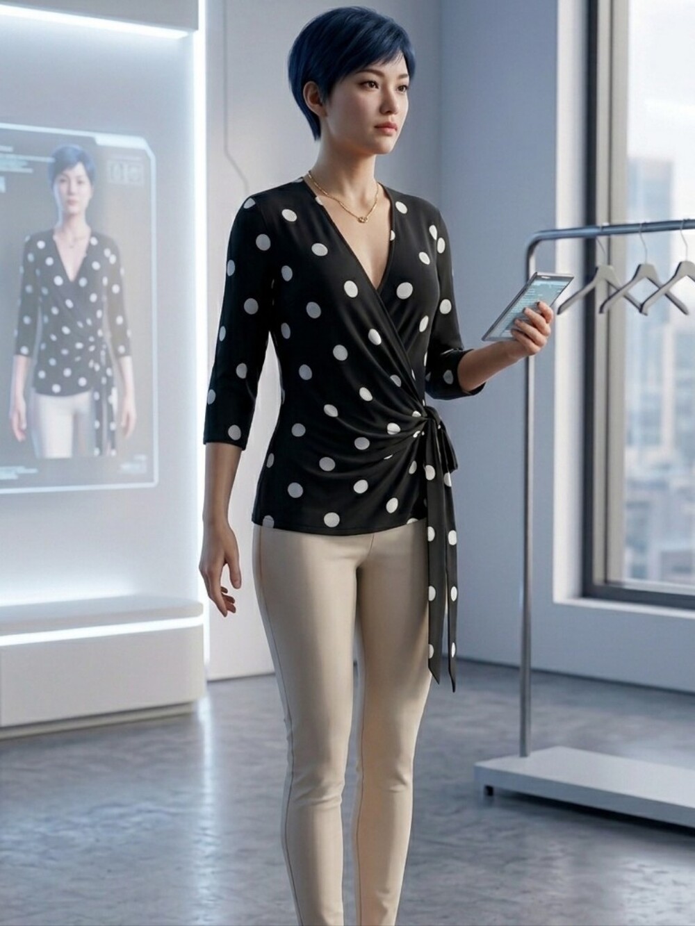 Anne Klein Black Polka Dot Wrap Blouse with Side Tie